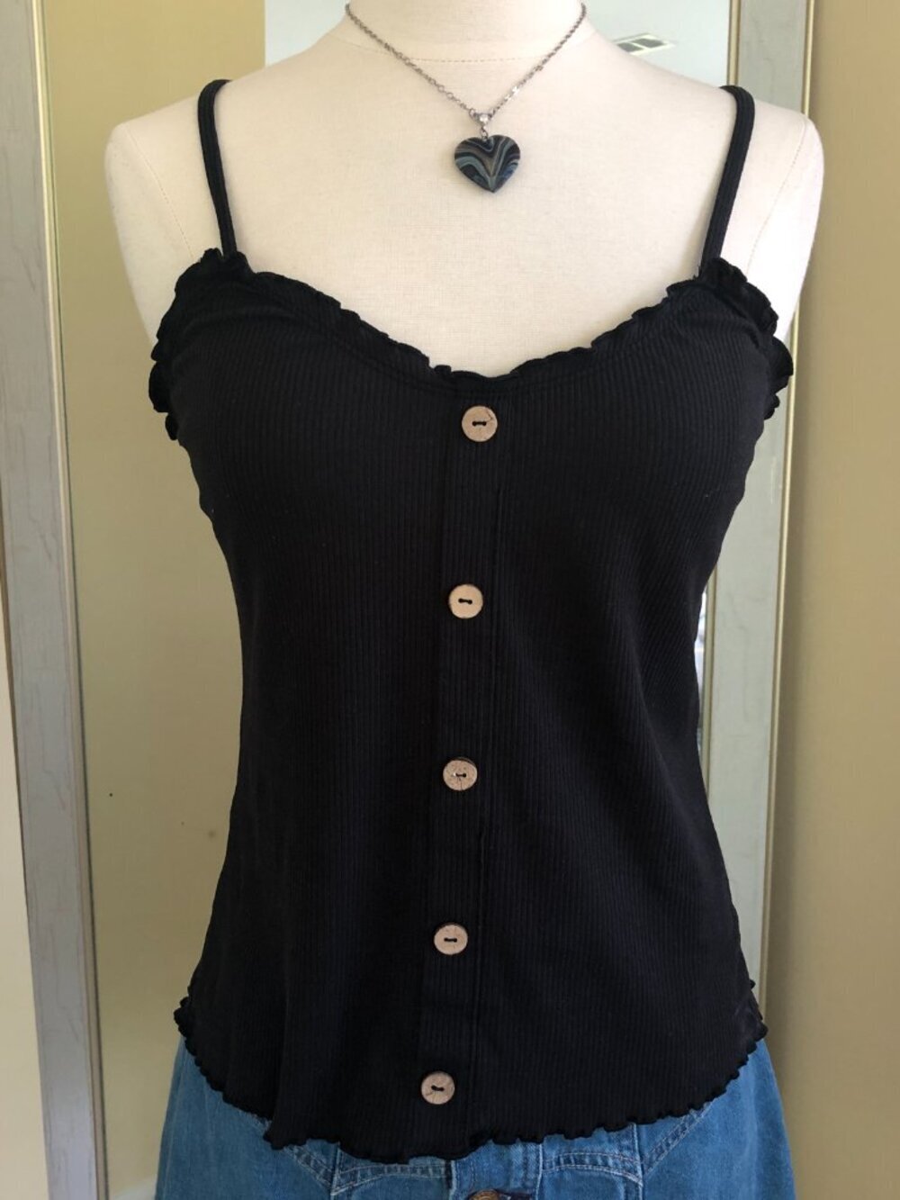 Ribbed Lettuce Edge Cami Tank Top Black Jr Medium Faux Button Y2K